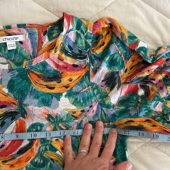 Chico's Linen Fringe Elbow Sleeve Tropical Banana Print Tee Top 00 xs - Picture 13 of 16